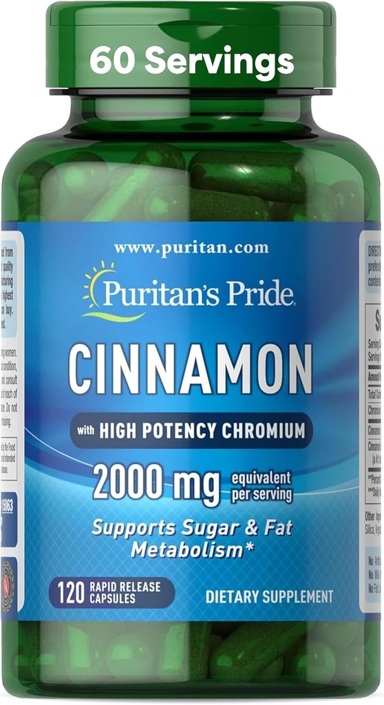 Κανέλα Υπερηφάνειας του Πουριτάν 875 mg (2000 mg Ισοδύναμο) με Χρώμιο Υψηλής Ικανότητας, Υποστηρίζει Ζάχαρη, Λιπαρά και Υγιή Θρεπτικό Μεταβολισμό, Κυτταρική Ενέργεια, 2 Μήνες Προσφορά, 120 Κάψουλες ταχείας απελευθέρωσης