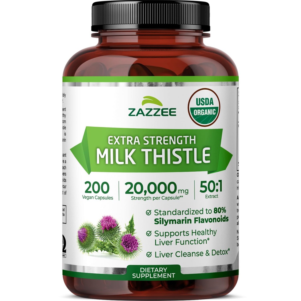 Zazzee Organic Milk Thistle 50:1 Extract, 20.000 mg Δύναμη, 200 Vegan Κάψουλες, 80% Silymarin Flavonoids, Πάνω από 6 μήνες προσφοράς, Standardized και συμπυκνωμένο 50X εκχύλισμα, όλα-φυσικά και μη-GMO