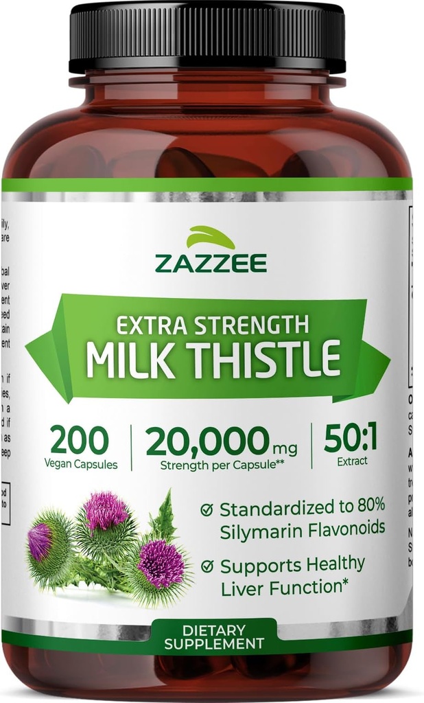 Zazzee Organik Süt Butle 50:1 Ekstraksiyon, 20.000 mg Güçlü, 200 Vegan Capsules,% 80 Silymarin Flavonoids, 6 Ay Supply, Standartlaştırılmış ve Yoğun 50X Ekstraksiyon, All-Doğal ve Non-GMOB