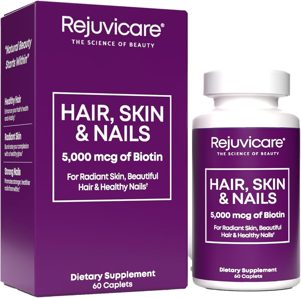 Hair Skin and Nails, Hair Growth Support, Healthy Skin & Nails, Biotin, Vitamins B1, B2, B3, B6 & B7 + B1, Supports Healthy Hair, Radiant Skin and Strong Nails, Vegan, 60 Caplets