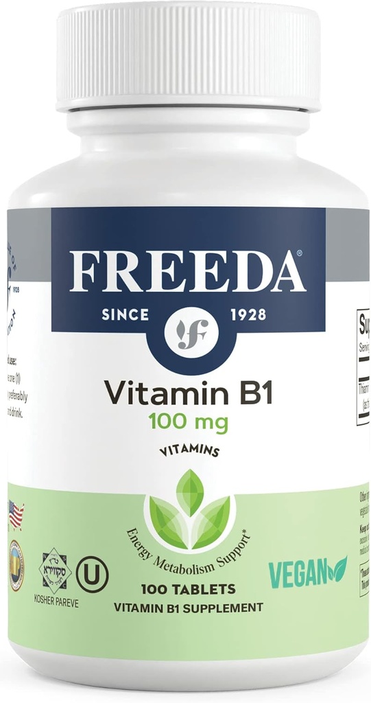 Freeda Vitamin B1 Thiamine 100 mg - Enerji Metabolism, Nervous System Health - Kosher, Vegan, Gluten Free - Thiamin HCl 100 mg B 1 - Pure Vit B1 Vitamini Thiamine B1 Supplement (100 Ct)