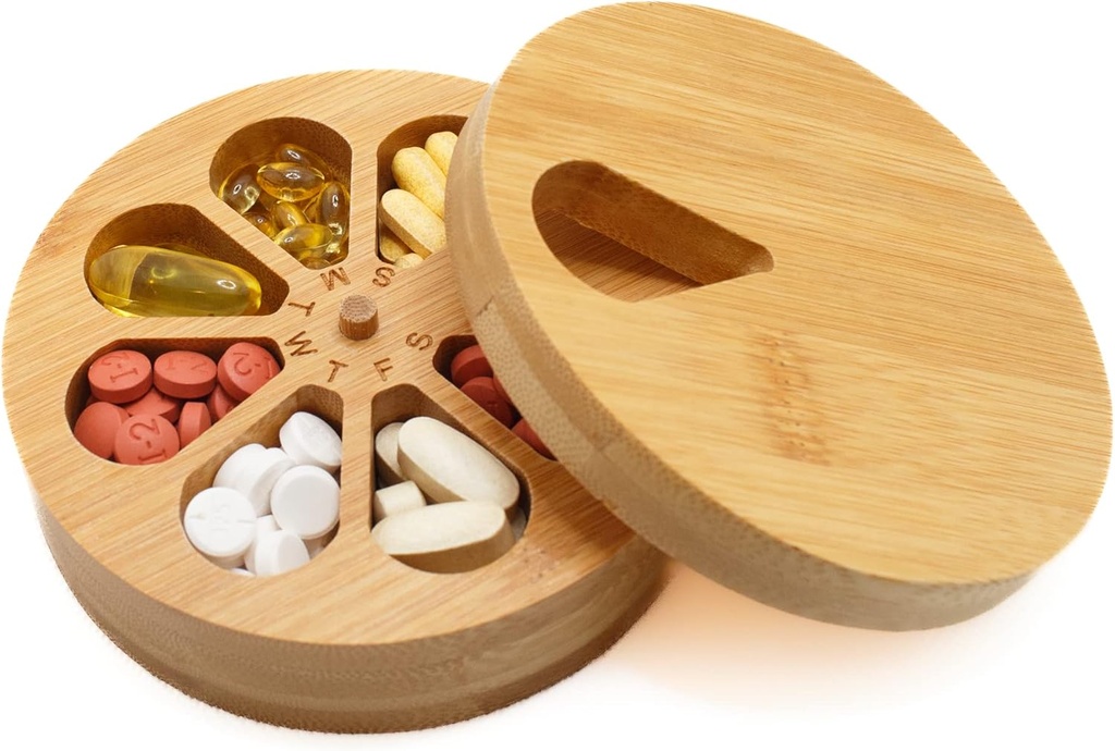 Tıp Organizecı Wood Daily Weekly, Travel Pill Organizer ve Pill Sahibi, Vitamin Tıp Pill Organizer Case Box, Pill Box Day, Hafta ve Solid Wood Lid günleri ile geliştirilmiş Tasarım