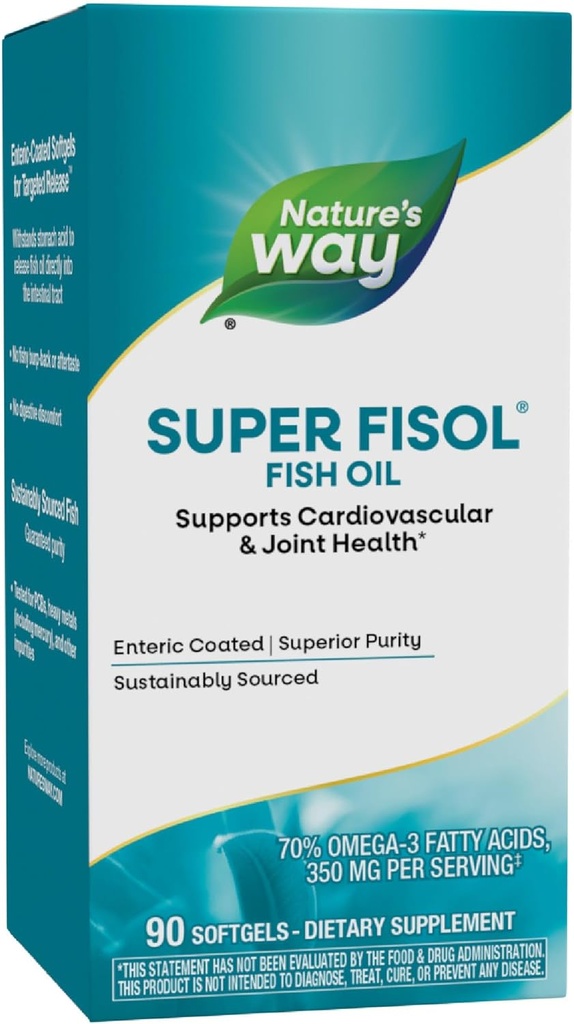 Nature's Way Super Fisol Fish Oil, Enteric Coated, Υποστηρίζει καρδιοαγγειακή και κοινή υγεία*, Mega Potency Omega-3s, 90 Softgels (Packaging May Vary)