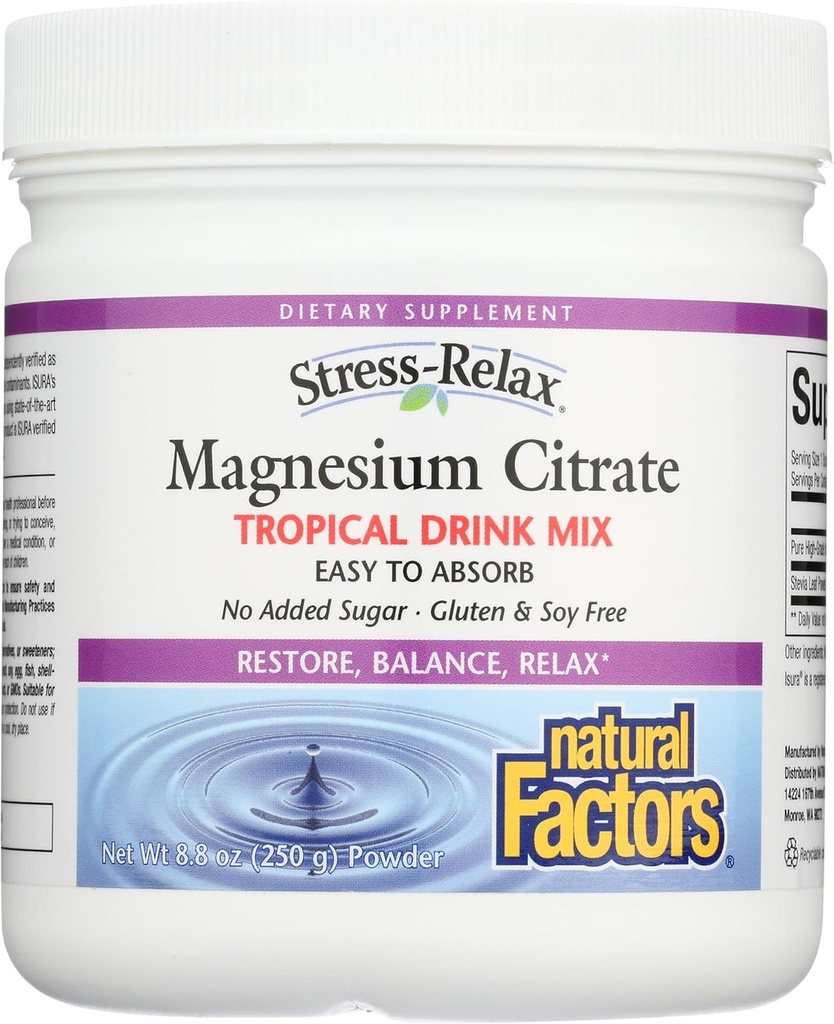 Stres-Relax Magnezyum Citrate Drink Mix by Natural Factors, Restores Normal Düzeyleri Magnezyum & Balances Food Intake, Non-GMO, Tropikal Flavor, 8.8 oz (75 hizmet)