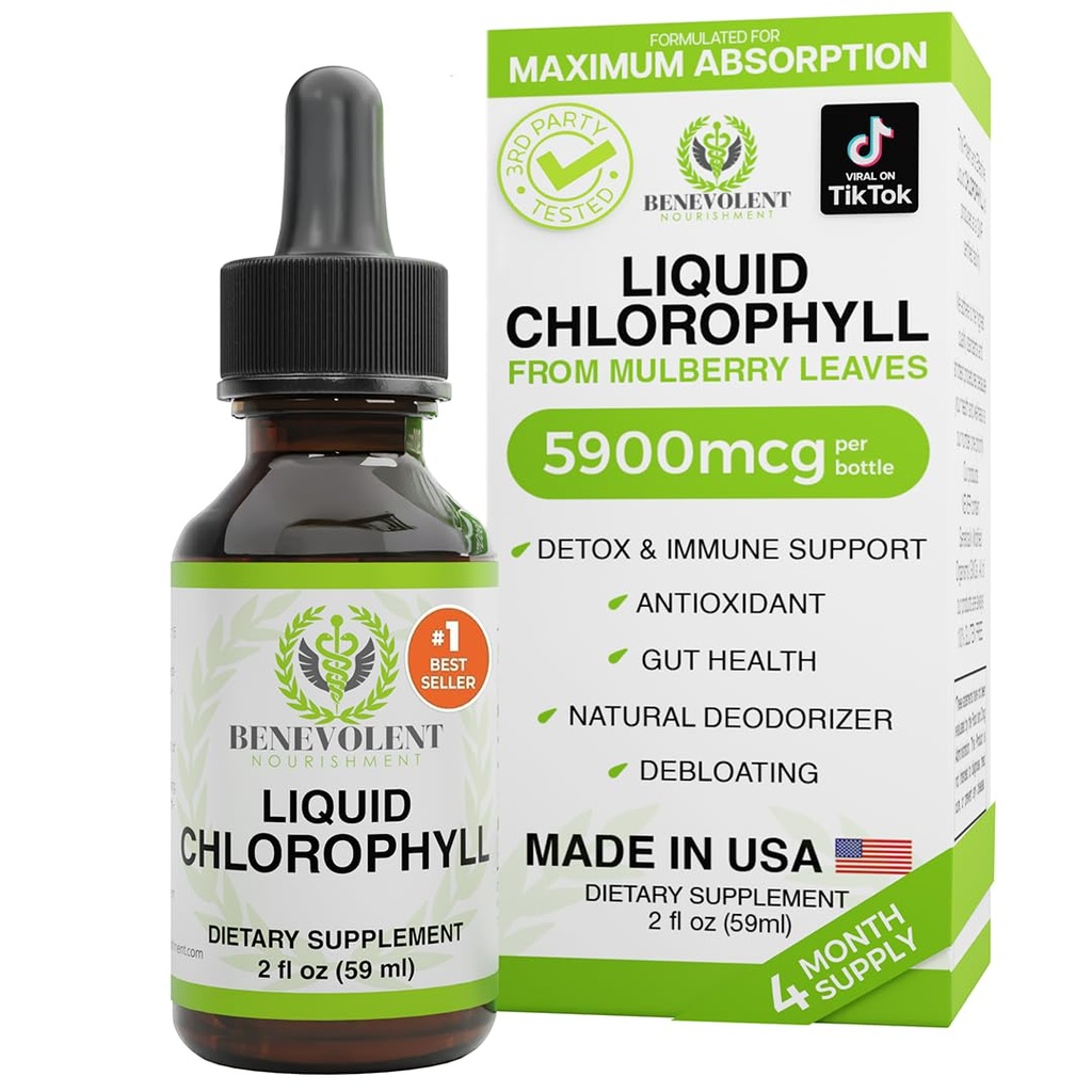 Benevolent Chlorophyll Liquid Drops - Detox & Immune Support, Internal Deodorizer & Skin Health Supplement, Non-GMO, 4 Ay Supply, Natural Mint Flavor