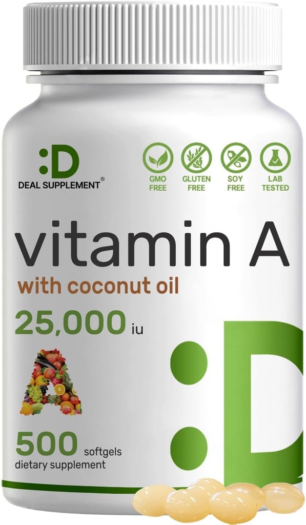 DEAL SUPPLEMENT High Potency A 25000 IU, 500 Coconut Oil Softgels | Ab Easysorbed, Natural Fish Liver Oil Source - Eye, Immune, & Skin Health - Easy to Swallow, Non-GMO
