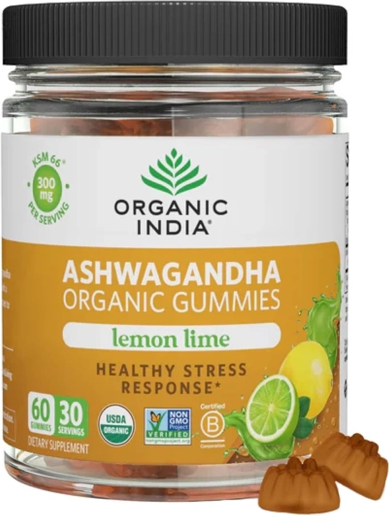 ORGANIC INDIA Ashwagandha Gummies for Men & Women - Stres Tamam, KSM-66 Ashwagandha Root, Ekstra Güçlü, Calm Chews, Vegan, Non-GMO - Lemon Lime, 60 Gummies
