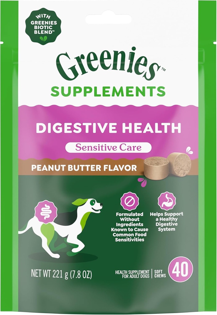 Yeşiller Hassas Bakım Digestive Health Dog Supplement Chicken-Free Formula, Köpekler için Probiyotik, Peanut Butter Flavor, 40 Pouch