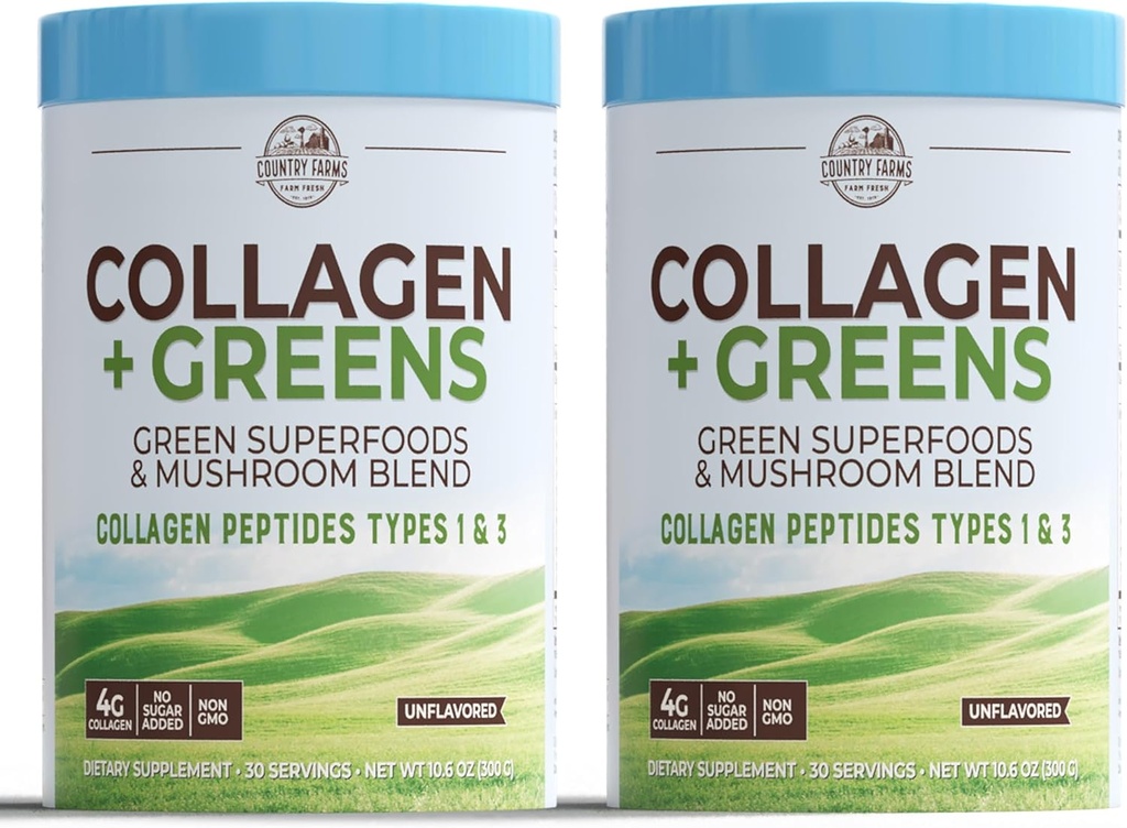 ΧΩΡΑ FARMS Collagen Peptides Σκόνη με Πράσινο Διαιτητικό συμπλήρωμα σκόνης (Τύπος I, III) για το δέρμα νυχιών και αρθρώσεων, Γαλακτοκομικά/Gluten/Sugar Free, Energizing Superfoods, 21.2 Oz, 60 εξυπηρετούν