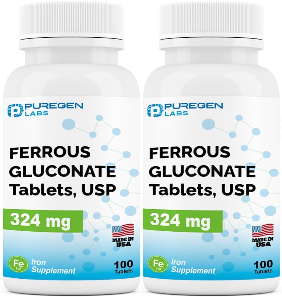 Puregen Labs Ferrous Gluconate 324 mg [Υψηλή Ικανότητα] Συμπλήρωμα σιδήρου, Απαλό στο στομάχι 2 Συσκευασία - 200 δισκία Σύνολο