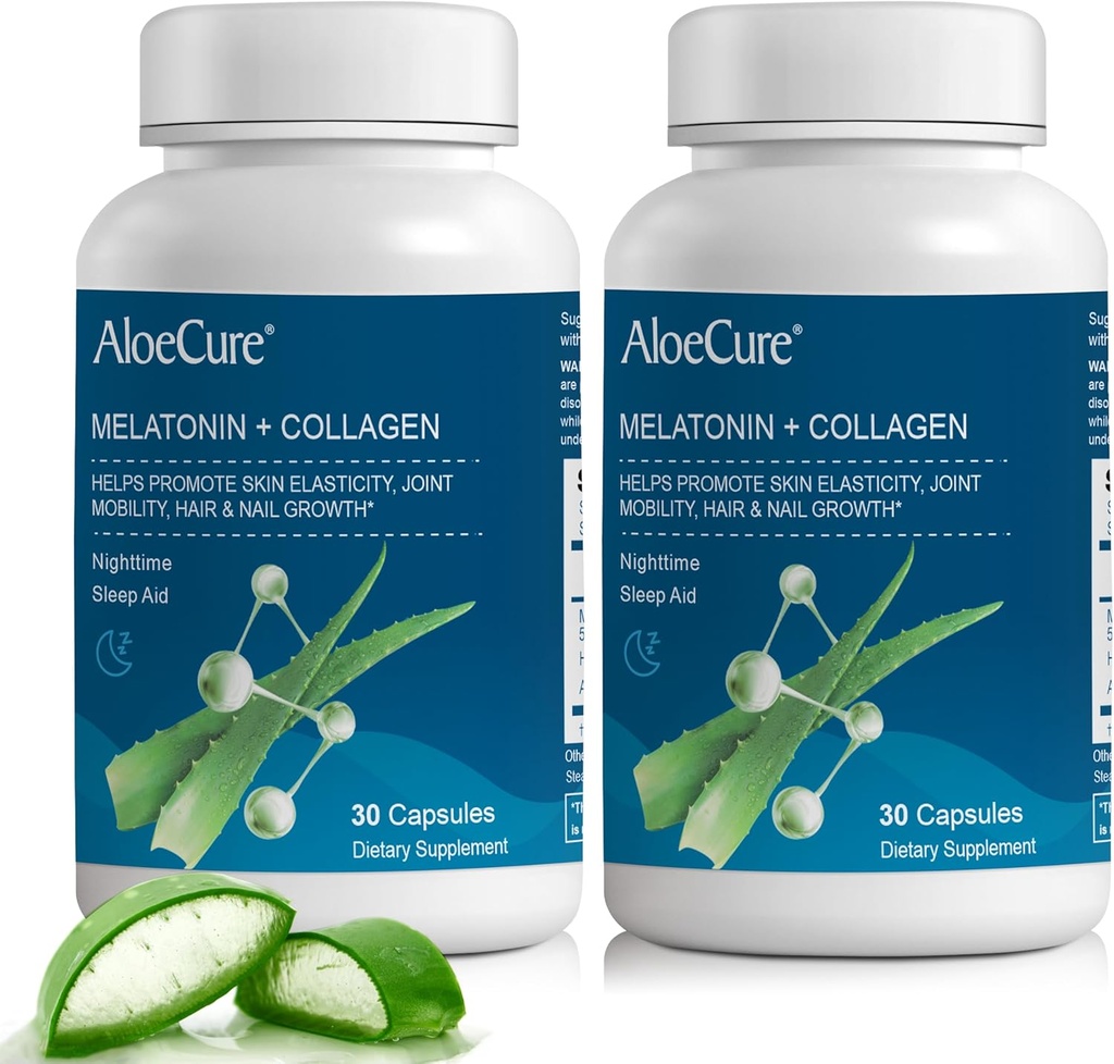 AloeCure Natural Melatonin + Collagen with Organic Aloe Vera - Natural Sleep Aid Supplement for Restful Nights - Ortak Kuvvet için Collagen Kompleksi, Skin Elasticity, Hair & Nail Büyüme, 30 Capsules