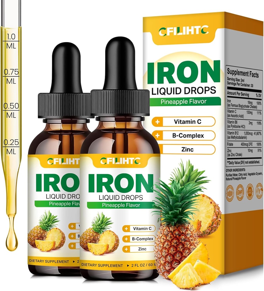 Kadınlar için sıvı Demir Supplement & Çocuklar için Multivitamin Demir Durağı, C, B6, B12, Anemi, Iron Deficiency, Blood Builder, Energy - Natural Pineapple Flavor, Vegan 4 Fl Oz