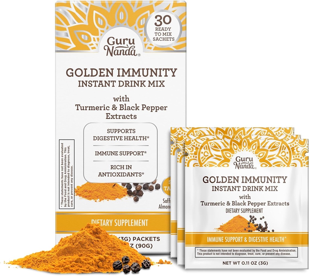 GuruNanda Altın Immunity Instant Drink Mix with Turmeric & Black Pepper - Immune System & Digestive Health - Saffron & Almond Flavored, On-Go Sachets (30 Count)