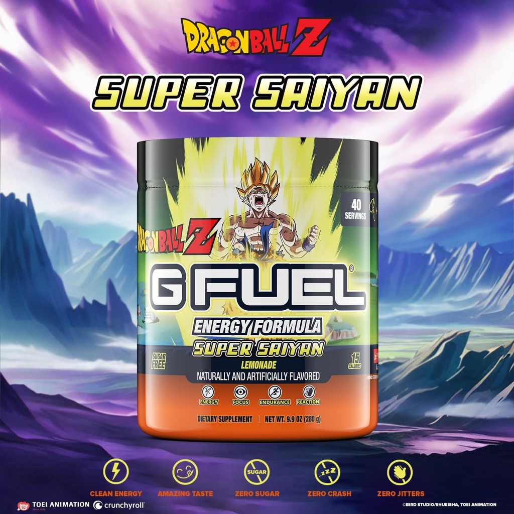 G Fuel Dragon Ball Z Energy Drink Powder, Pre Processing Caffeine Mix for Gaming, Sugar Free Focus Amino, Βιταμίνη + Αντιοξειδωτικά, 9.9oz (Λεμονάδα, 40 εξυπηρετούν)