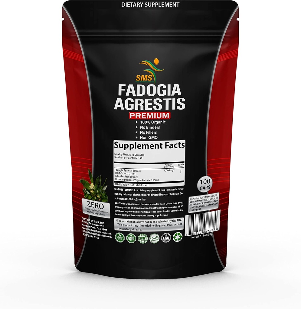 Fadogia Agrestis Extract Pills (Maximum Strength) 1000 mg | Destekler Athletic Performansı, Güçlü, Drive | Organik, GMO, Üçüncü Parti Test Edildi, Tamam | 100 Veggie Capsules