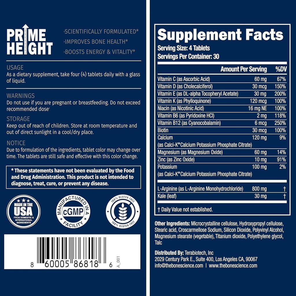 BONE SCIENCE - Prime Height Bone & Joint Formula - Natural Health Supplement for Kids, Teens & Adults, Energy & Immune Support, Vegan, Non-GMO - 120 Tablets