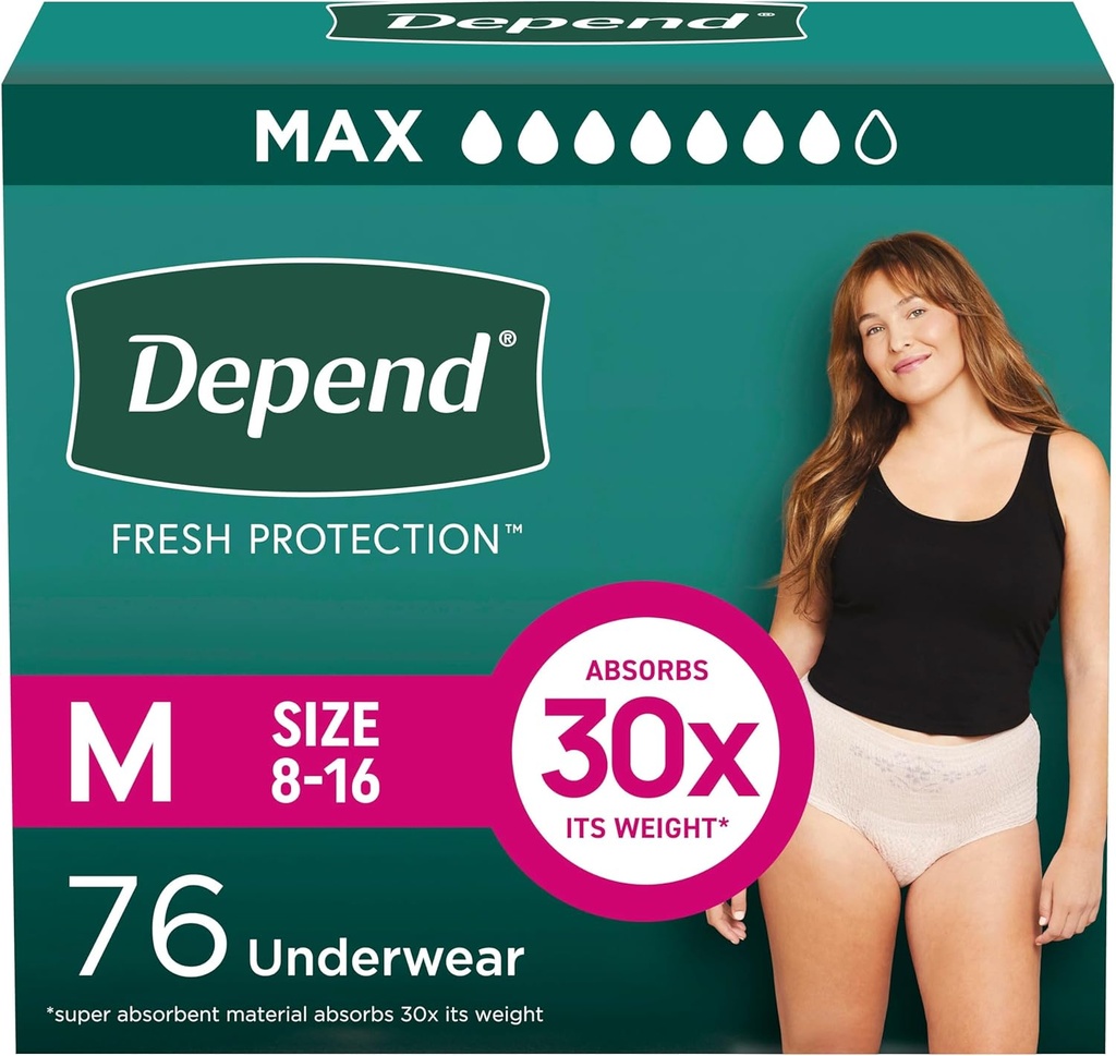 Fresh Protection Yetişkin Diapers, Incontinence & Postpartum Kadınlar için Leak Underwear, Use, Maximum, Medium, Blush, 76 Count (2 Packs of 38), Ambalaj Vary