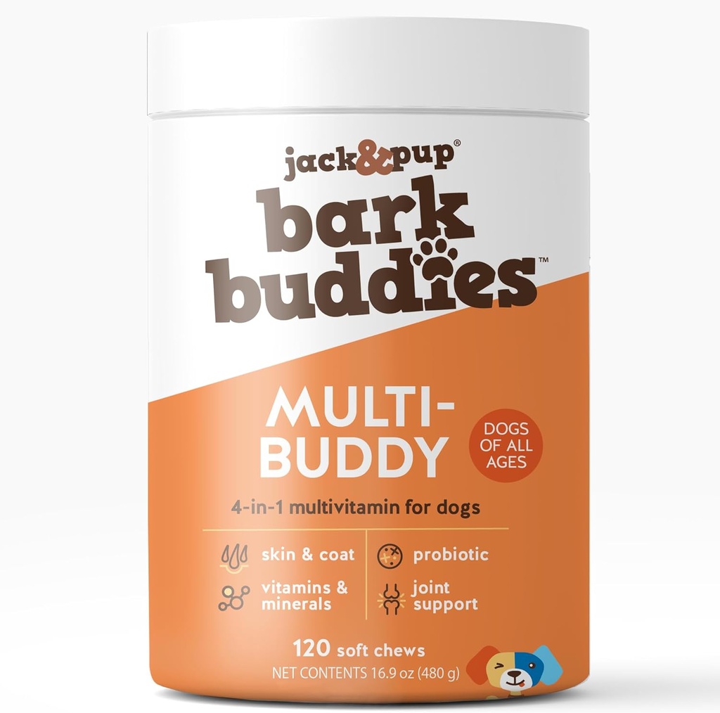 Jack&Pup Dog Multivitamin | Bark Buddies Dog Vitaminleri ve Üst Düzey Köpekler için Puppies | Günlük Köpek Multivitaminleri Immunity, Ortak, Digestion, Skin and Coat Health (120ct)
