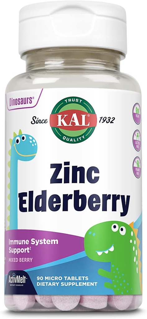 KAL Kids çinko Elderberry Dinozorlar, Immune Support Supplement* for Kids w/ Sambucus Elderberry, Hızlı Deyim Karma Berry ActivMelts, Fun, Tasty Dino Şekilleri, Vegan, 90 Hizmet, 90 Micro Tabletler