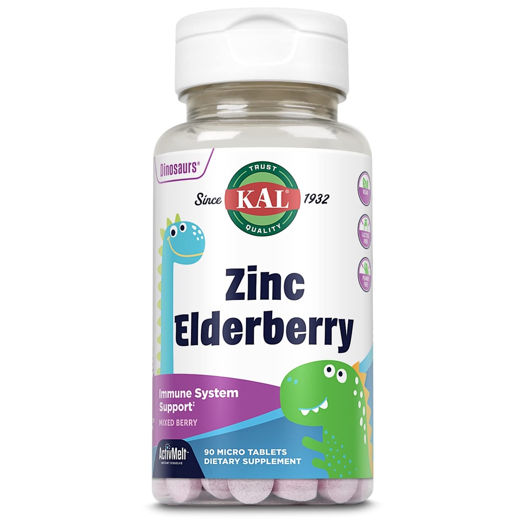 KAL Kids Zinc Elderberry Dinosaurs, συμπλήρωμα υποστήριξης του ανοσοποιητικού * για τα παιδιά w/ Sambucus Elderberry, γρήγορη διάλυση μικτή δραστηριότητα μούρωνMelts, Διασκέδαση, Νόστιμο σχήμα Ντίνο, Vegan, 90 εξυπηρετούν, 90 μικροδισκία