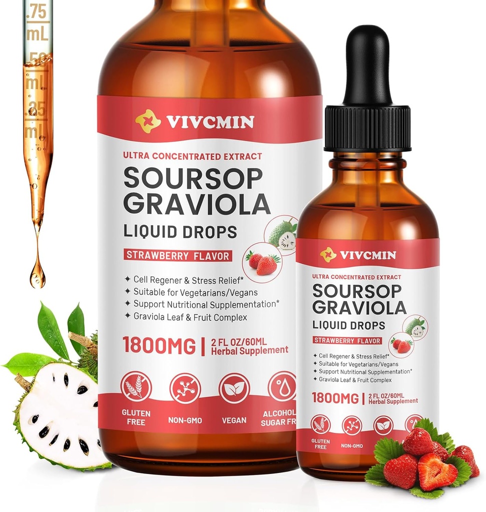 Graviola Soursop Broşürü Sıvı - Soursop Bitters Sıvı, Destek Immune, Relax, Liver ve Sleep, Sugar & Alkol-Free, Highly Absorbable Formula, Strawberry Flavor, 2 Fl Oz