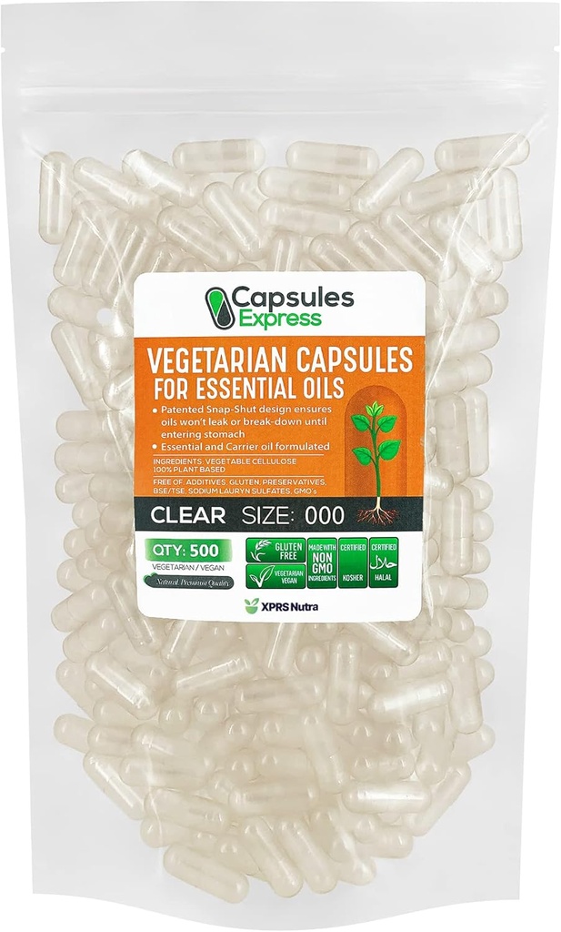 XPRS Nutra Μέγεθος 000 Κενές κάψουλες Vegan - 500 μετρούν μεγάλες σαφείς κάψουλες λαχανικών για τα περισσότερα αιθέρια έλαια - άδεια χάπια λαχανικών - DIY πλήρωσης λαδιού