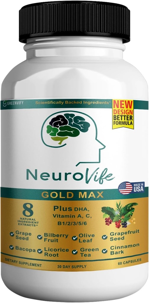 NöroVife Gold Max Brain Support Supplement | 8 Natural Extracts with DHA, Vitamins A, C, B Kompleksi | 60 Veggie Capsules | Made in USA (1)