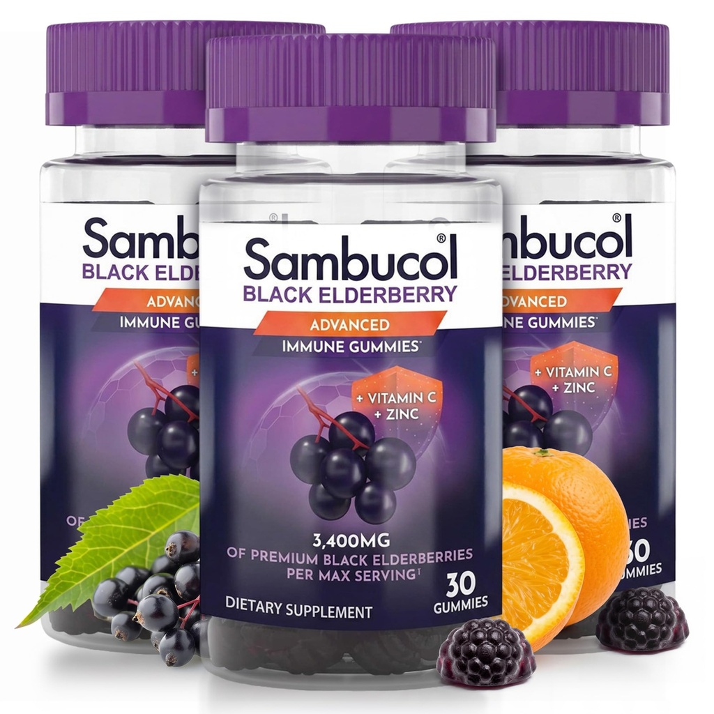 Sambucol Black Elder Gummies - Yetişkinler için çinko ve Vitamin C ile Yaşlılar, Sambucus Elderberry Gummies, Immune Support Gummies - 30, Count 3 Pack