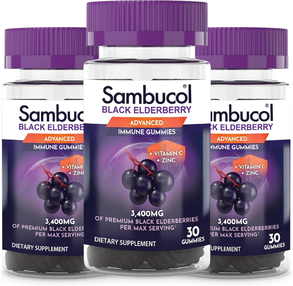 Sambucol Black Elderberry Gummies - Elderberry with Zinc and Vitamin C for Adults, Sambucus Elderberry Gummies, Immune Support Gummies - 30 Count, 3 Pack