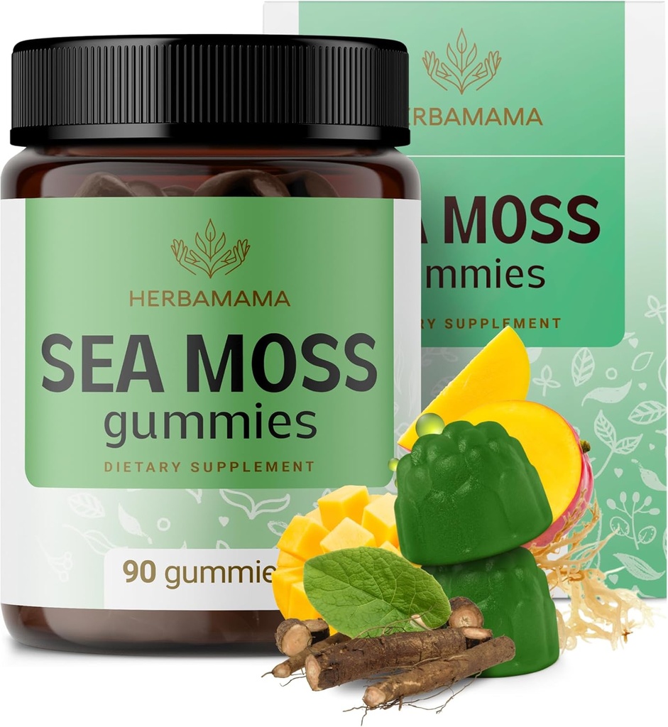 HERBAMAMA İrlandalı Deniz Moss Gummies - 1600 mg True Sea Moss Supplement with Bladderwrack and Burdock Root - Vegan, Non-GMO Skin Glow, Energy & Immune Support - 90 Pectin-Based Mango-Flavored Chews