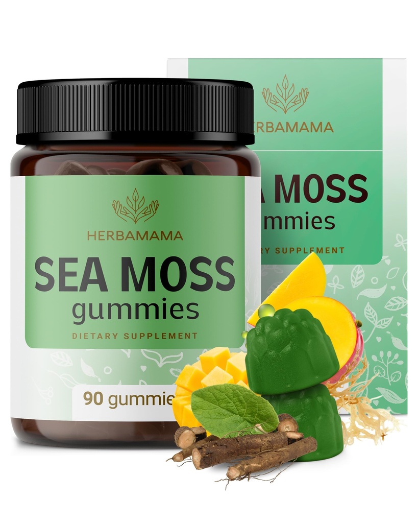 HERBAMAMA Irish Sea Moss Gummies - 1600mg True Sea Moss συμπλήρωμα με Bladderwrack και Burdock Root - Vegan, μη GMO Skin Glow, Ενέργεια & ανοσοποιητική υποστήριξη - 90 Pectin-based Mango-Flavored Chews