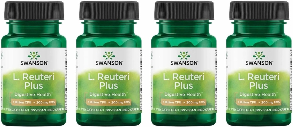 Swanson L. Reuteri Probiyotik Plus w/L. Rhamnosus L. Acidofilius & FOS Prebiyotik Digestive Support - Gut Health w / 7 Milyar CFU per Capsule - (30 Veggie Capsules) (4 Pack)