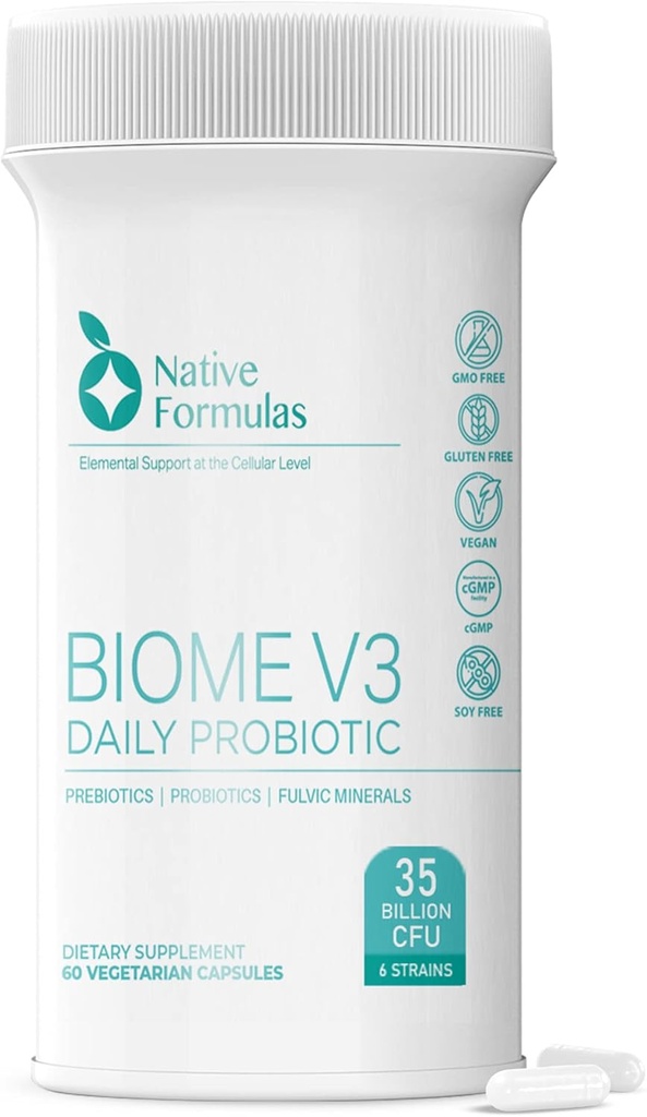 Yerli Formulas Biome V3 Probiyotik, Prebiyotik, & Fulvic Minerals Supplements - 35 Milyar CFU - 6 Strains - 60 Vegan Capsules - Women & Men - FSUNAP Dostu - Destekler Digestive, Immune & Gut Health