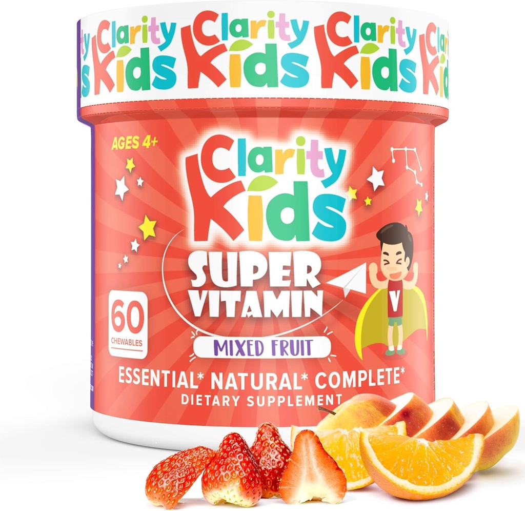 Clarity Kids Super Vitamin Multivitamin for Kids | Vitamin C, Vitamin D, & çinko | Tüm Doğal Chewable for Child Immune Support | USA Made Supplement | 60 Piece (30 Day Supply)