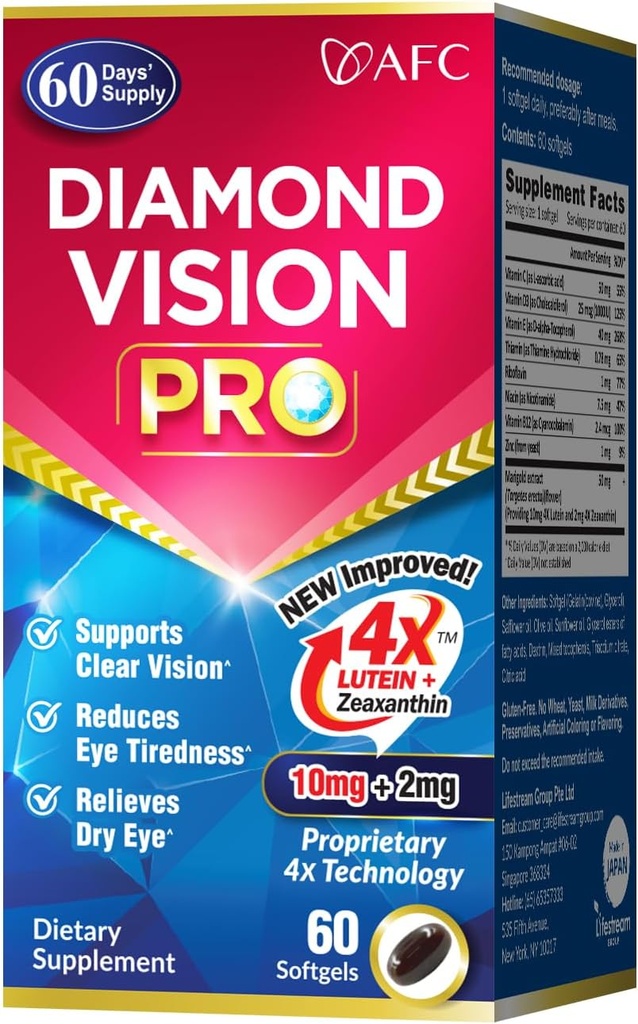 AFC Japan Diamond Vision PRO – Βελτιωμένη, Up-Sized Formula - Λουτεΐνη & Ζεαξανθίνη 4X με Βιταμίνες ματιών – Συμπλήρωμα Οπτικής Υγείας για Ενήλικες, Έκθεση οθόνης, Νυχτερινή Χρήση, 60 Softgels