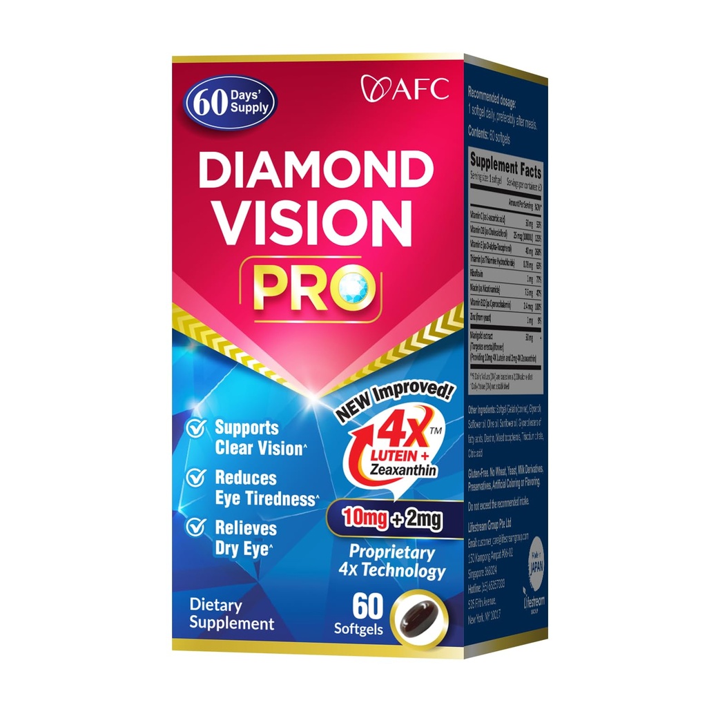 AFC Japonya Diamond Vision PRO - Geliştirilmiş, Up-Sized Formula - Lutein & Zeaxanthin 4X with Eye Vitamins - Visual Health Supplement for Yetişkinler, Ekran Exposure, Night Use, 60 Softgels