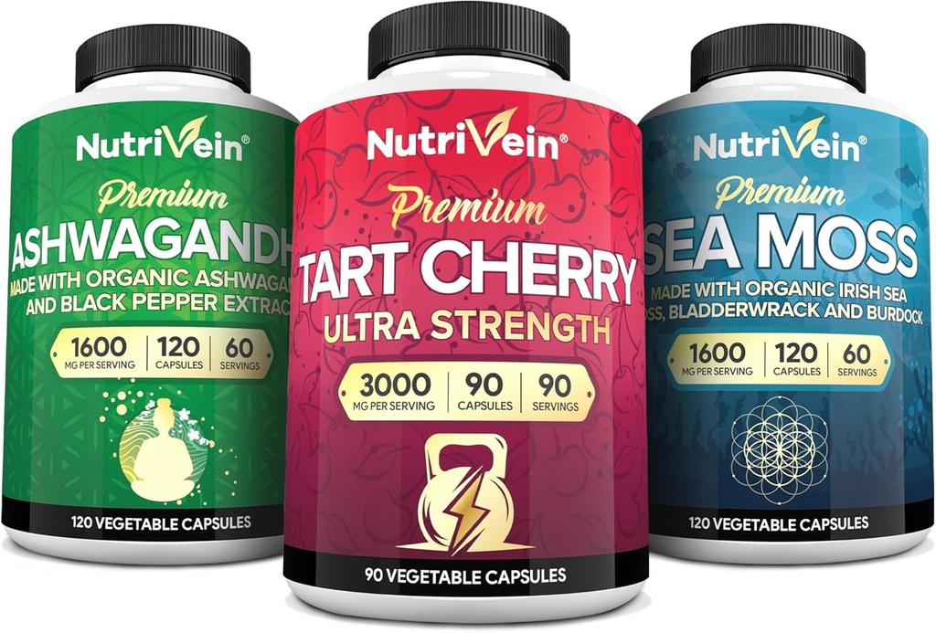 Nutrivein Irish Sea Moss Capsules, Ashwagandha ve Tart Cherry Capsules (1994): Sea Moss, Tart Cherry Supplement, & Ashwagandha Supplements | Supports Digestive Wellness ve Günlük Beslenme