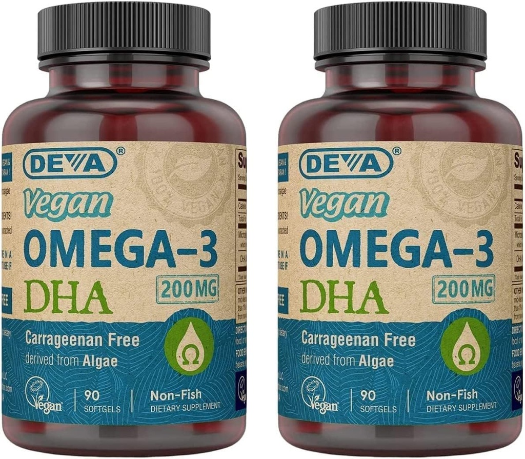 DEVA Vegan Omega-3 DHA Supplement - Once-Per-Day Softgels 200 MG - Carrageenan Free - Gelatin Free - Non-Fish - Algae Oil-3 Fatty Acids - 90 Softgels (Pack of 2)