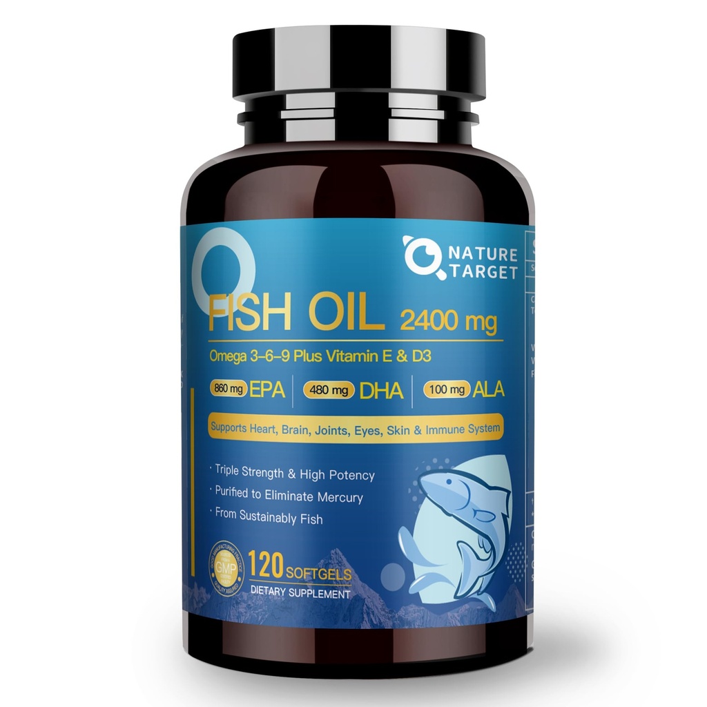 NATI TARGET Triple Omega 3 6 9, Balık yağı 2400 mg D3 & E - EPA & DHA & ALA - Supports Heart, Brain, Joint & Immune Health, Sustainable Sourced, Non-GMO