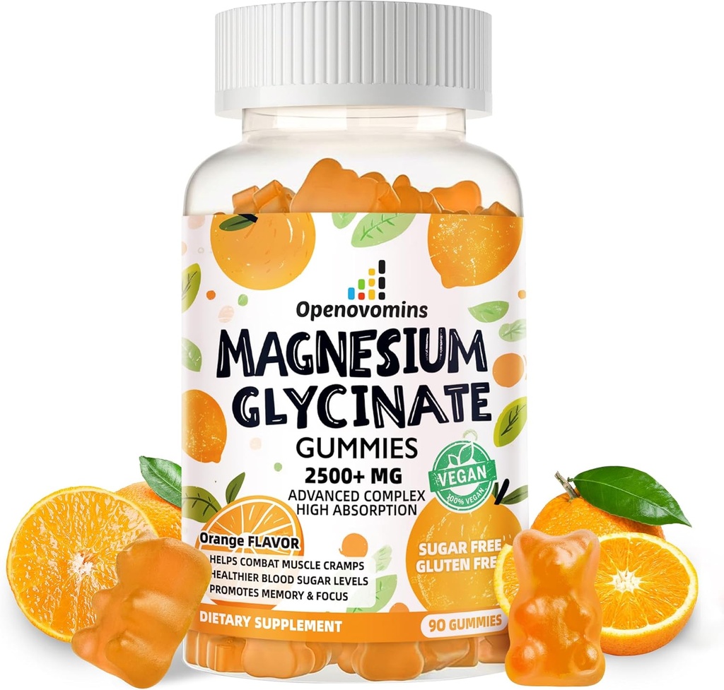 Magnezyum Glycinate Gummies- Sugar Free Magnezyum P properties Supplement with Vitamin D, B6, CoQ10 for Calm Mood & Sleep Support - 90 Orange Gummies