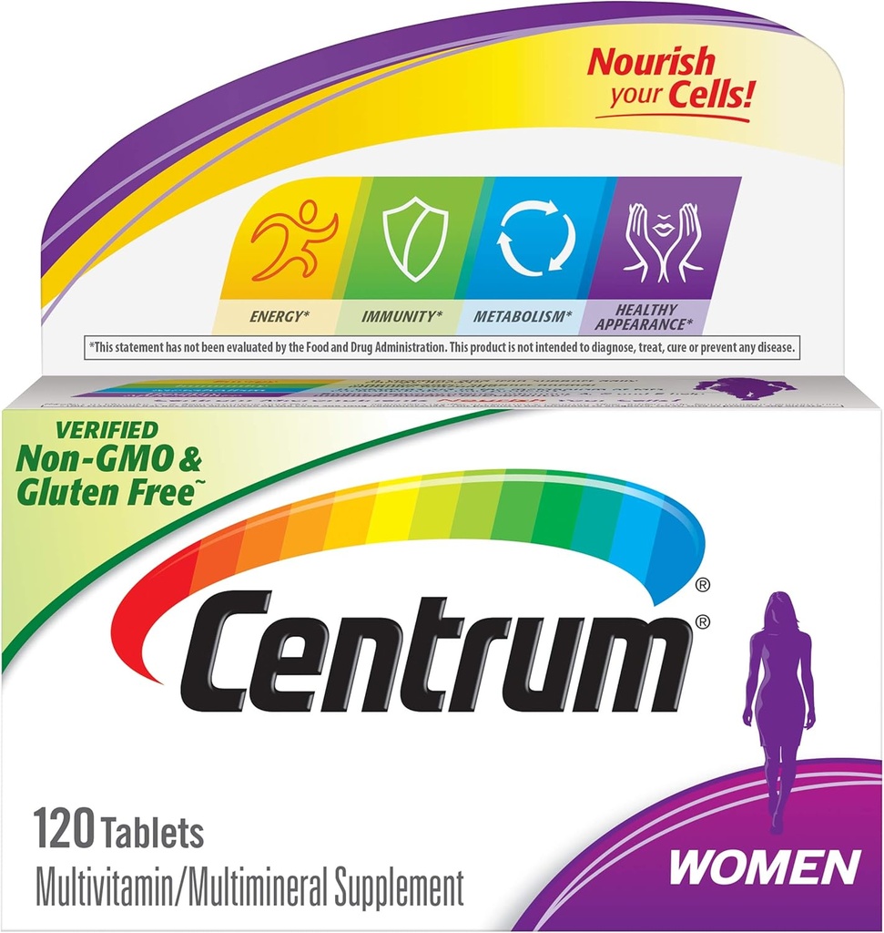 Kadınlar için Centrum Multivitamin Tableti, Demir, Vitamin D3, B Vitaminleri ve Antioksit Vitaminleri C ve E, Gluten Free, Non-GMO Malzemeler - 120 Count