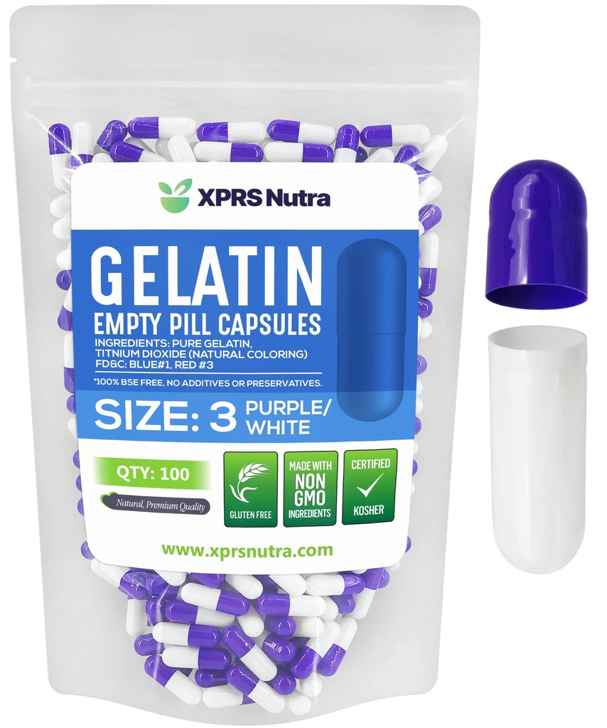 XPRS Nutra Μέγεθος 3 Κενές κάψουλες - 100 Count Empty Gelatin Κάψουλες - Χάπια DIY Καψάκιο Γέμισμα - Pure Bovine Pill Gel Caps for Do-It-Yourself Συμπληρώματα (Purple/White)