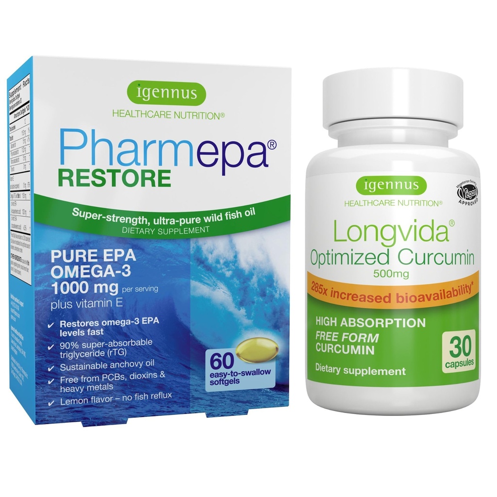 Pharmepa Επαναφορά & Longvida Lipida Curcumin 500mg Bundle, 1000mg καθαρό Omega-3 EPA ιχθυέλαιο & Ultra Bioδιαθέσιμη κουρκουμίνη, από Igenus