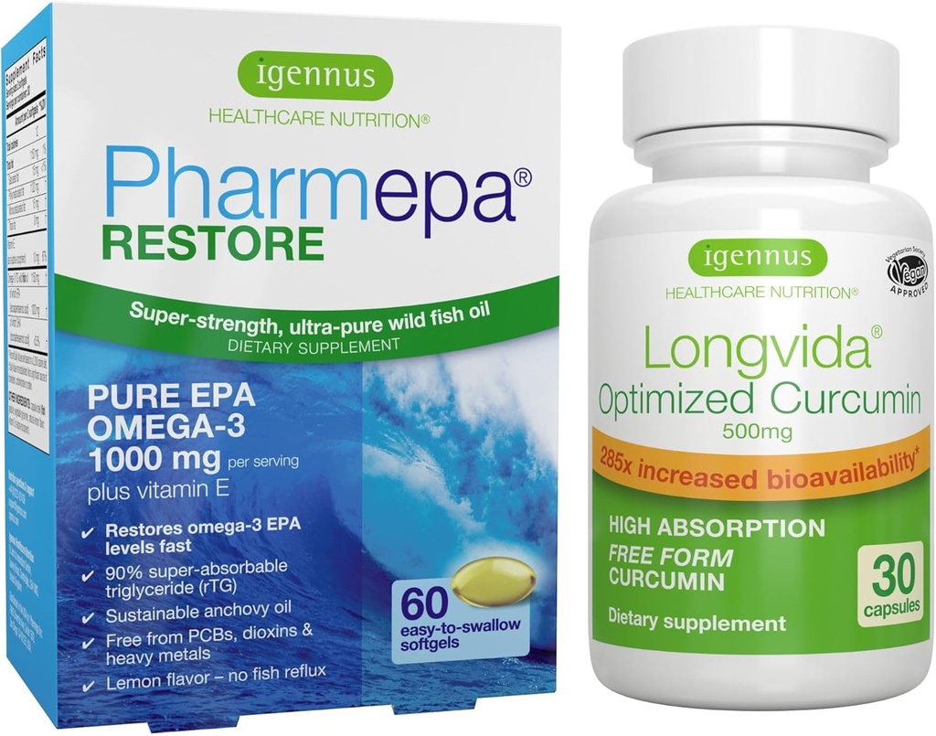 Pharmepa Restore & Longvida Lipidated Curcumin 500 mg Sche, 1000 mg Pure EPA Omega-3 Fish Oil & Ultra Bio available Curcumin, Igennus tarafından