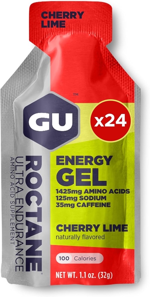 GU Energy Roctane Ultra Endurance Energy Gel, Vegan, Gluten-Free, Kosher ve Dairy-Free On-Go Sports Nutrition for Run, Biking, Hiking veya Skiing, 24Count, Cherry Lime