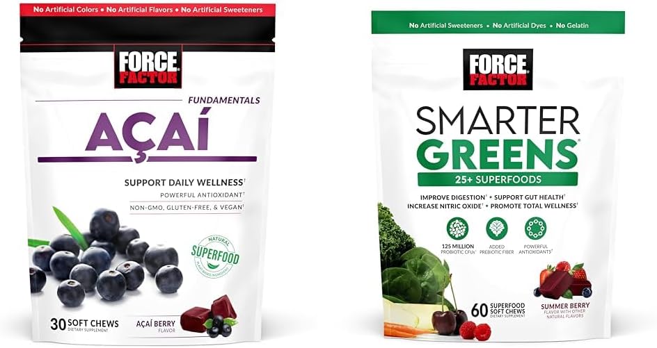 Force Factor Acai Soft Chews Ανοσολογική υποστήριξη και Smarter Greens Superfood Chews Digestion Support Bundle, 30 και 60 Count
