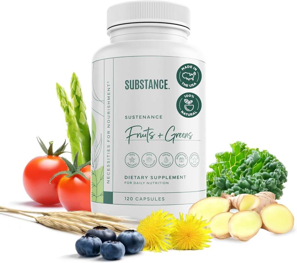 SUBSTANCE. - Nature's Sustenance Daily Greens, Daily Fruit and Veggies Supplement - Geliştirilmiş Enerji, Zihinsel - Meyveler ve Sebzeler Tamamları - ABD Made, Vegan-Friendly - 30 Hizmetler.