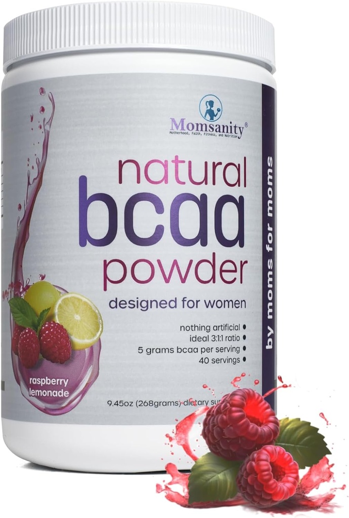 BCAA Pre Workout Powder for Moms | Naturally Sweetened with Stevia, Erythritol, & Monk Fruit to Help Build Energy Pre & Post Workout | 3:1:1 Ratio of Amino Acids | 40 Servings (Raspberry Lemonade)