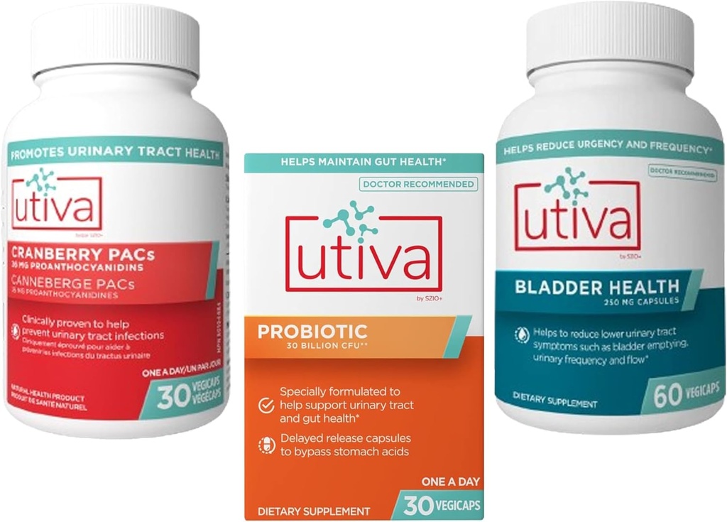 15 Sche Utiva Cranberry PACs Supplement for Urinary Tract Health 30 Vegi Capsule + Utiva Probiyotik for Gut and Urinary Tract Health 30 Gedder Health 60 Capsule + Utiva Bladder Health 60 Capsule