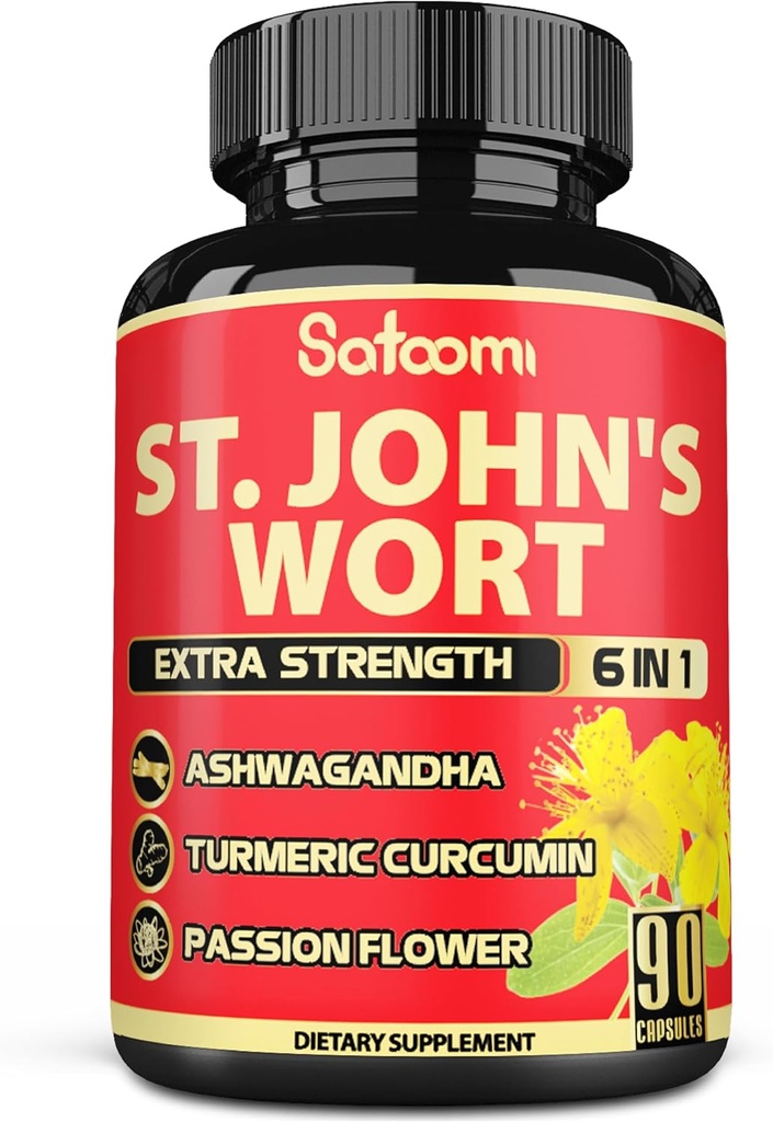 Satoomi St. John's Wort Capsules Extract Supplement - 6 Herbs Equivalent 5050 mg - Duygusal Denge, Joyful Mood & Mood Support - 1 Pack 90 Veggie Caps 3-Month Supply